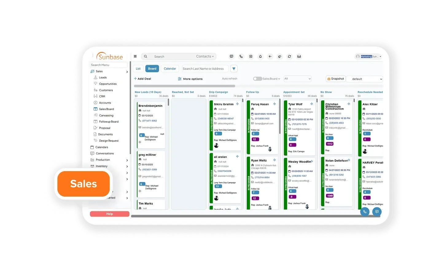 Sales management dashboard for contractors with pipeline view, follow-up reminders, and performance tracking