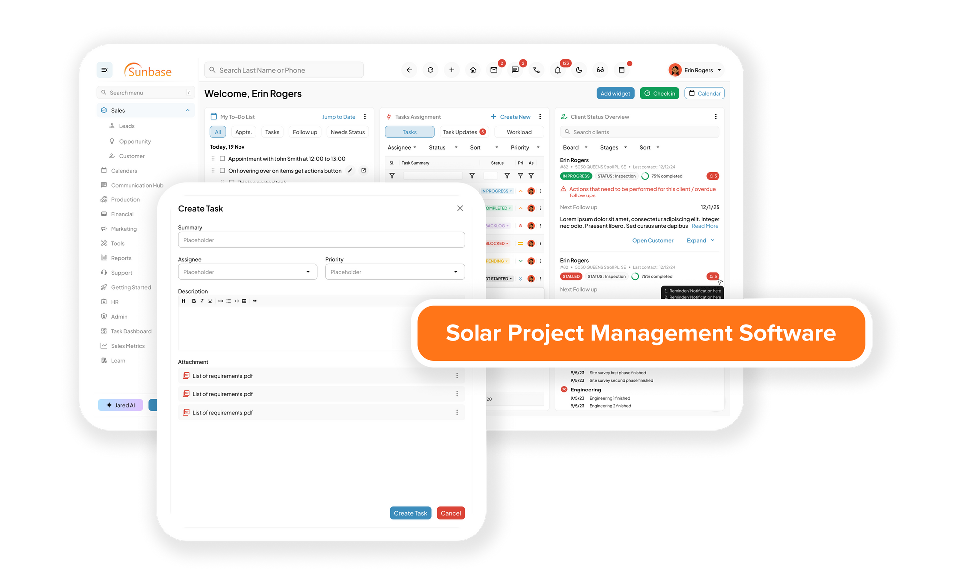 Solar CRM platform showing lead tracking, proposals, and project pipeline overview