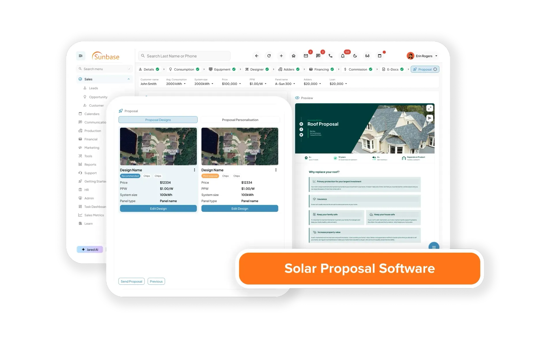 Solar CRM platform showing lead tracking, proposals, and project pipeline overview