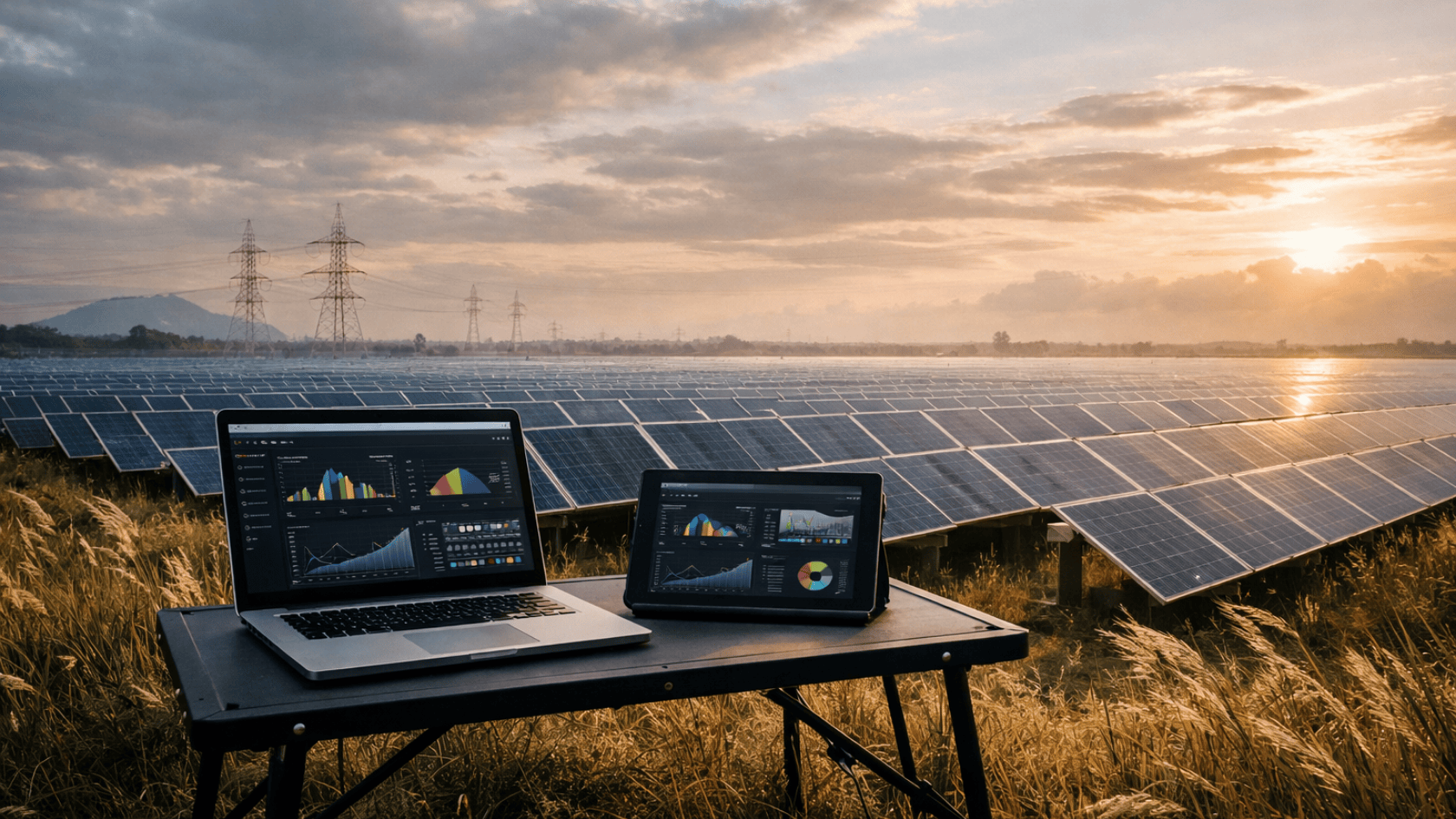 A laptop and tablet showing data dashboards sit on a table before a sprawling solar panel farm at sunset.