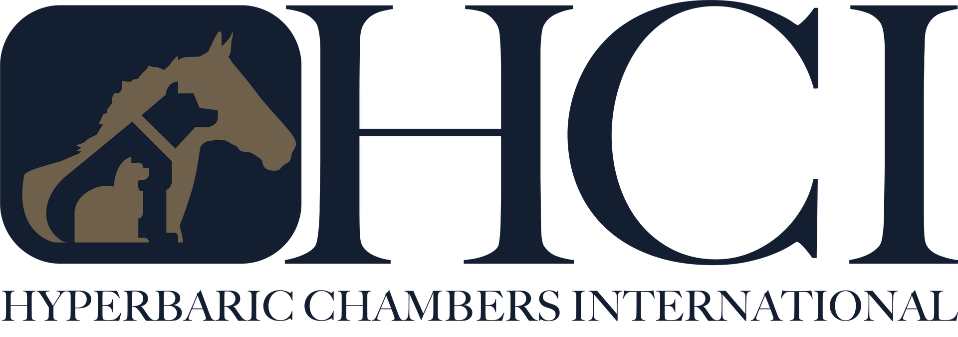 A logo for hyperbaric chambers international with a horse and a cat