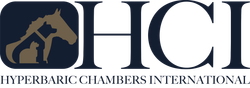 A logo for hyperbaric chambers international with a horse and a cat