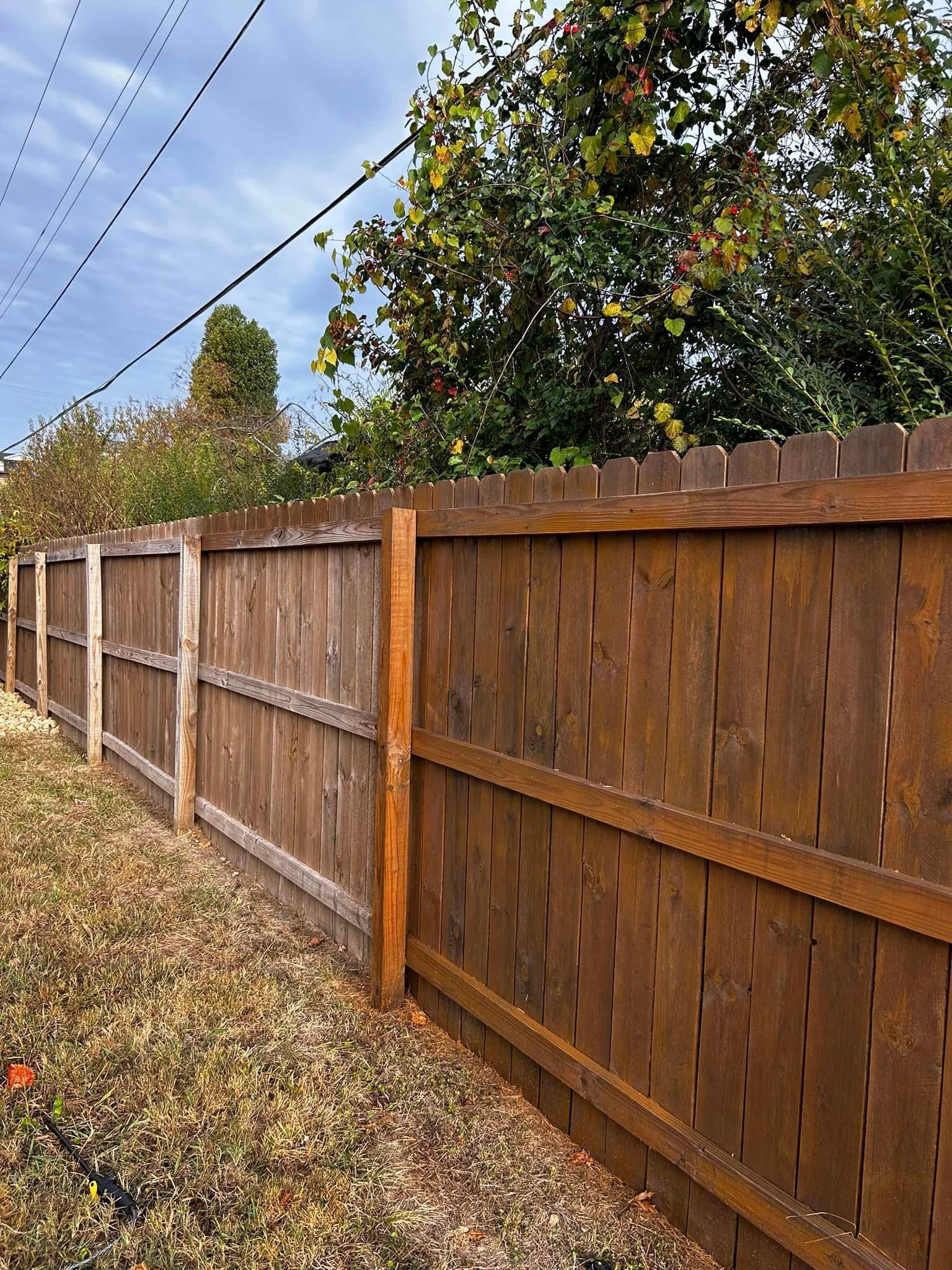 a wooden fence is surrounded by grass and trees in a backyard .