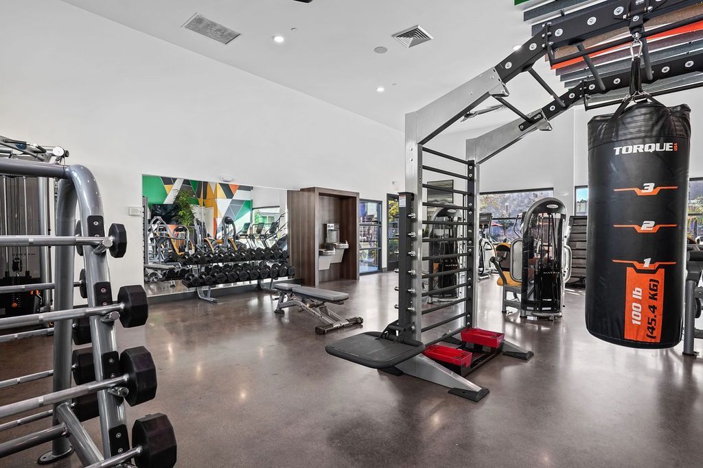 Interior of a modern apartment gym with weight machines, free weights, and a punching bag.