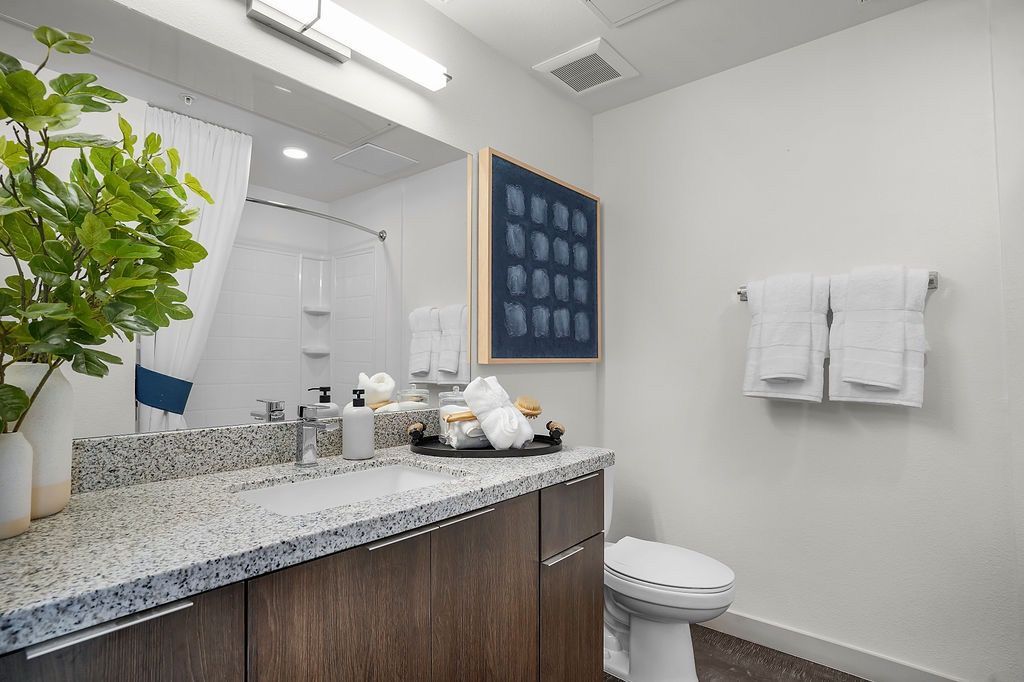 Bright apartment bathroom with granite vanity, single sink, white towels, and a shower.