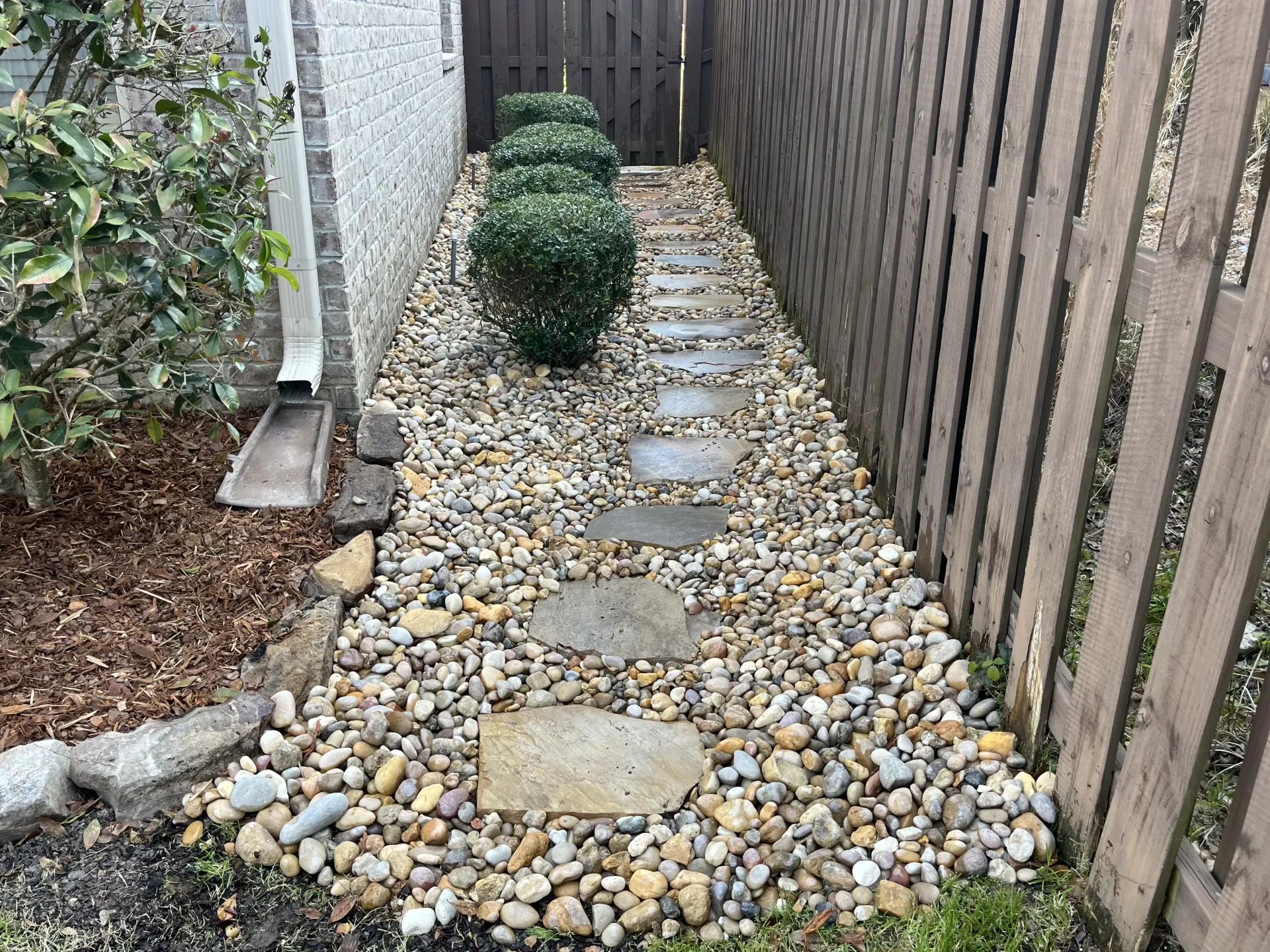 Narrow pebble path beside a wooden fence and shrubs, with stepping stones leading to the back yard.
