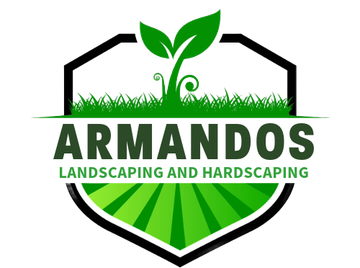 A logo for armandos landscaping and hardscaping with a plant growing out of the grass.