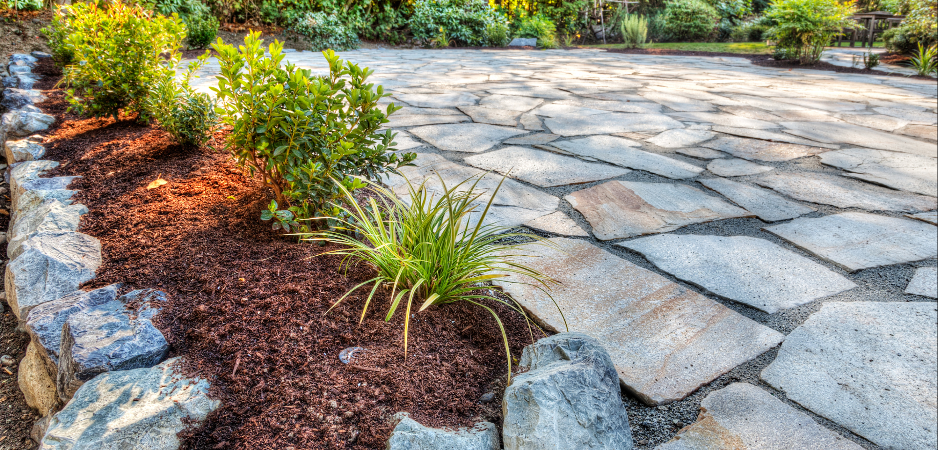 A stone patio with plants and rocks in a garden.