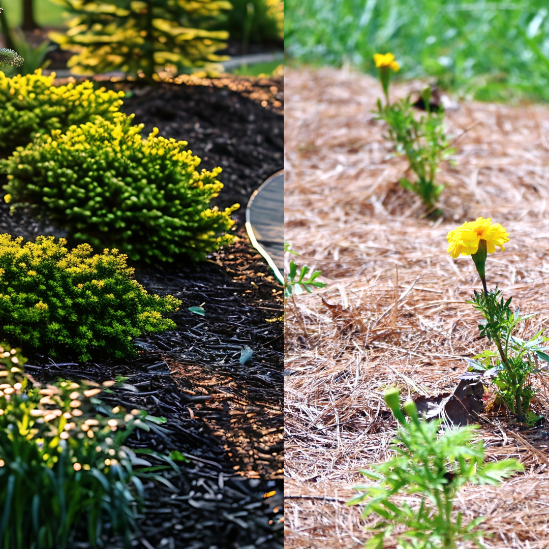 A before and after picture of a garden with yellow flowers