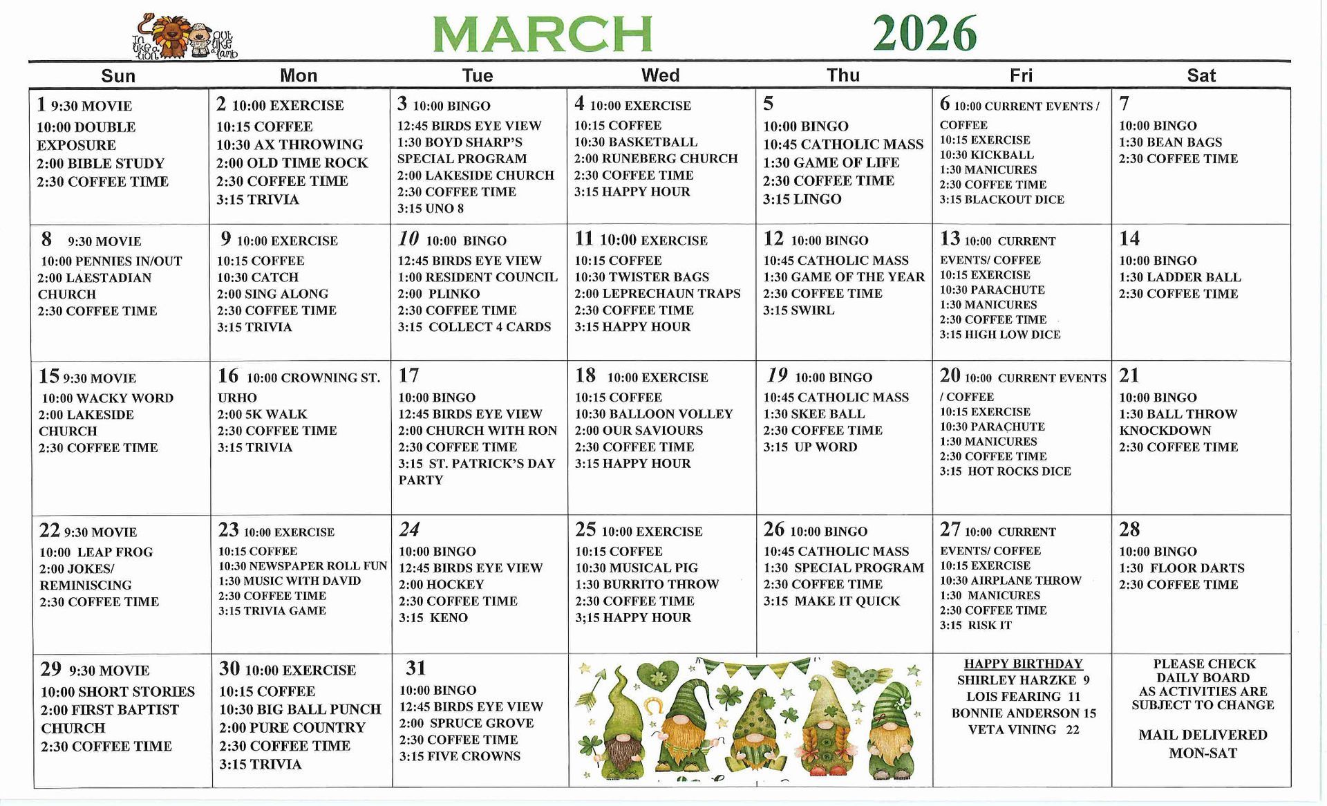 October events calendar image for green pine acres nursing home in menahga, minnesota