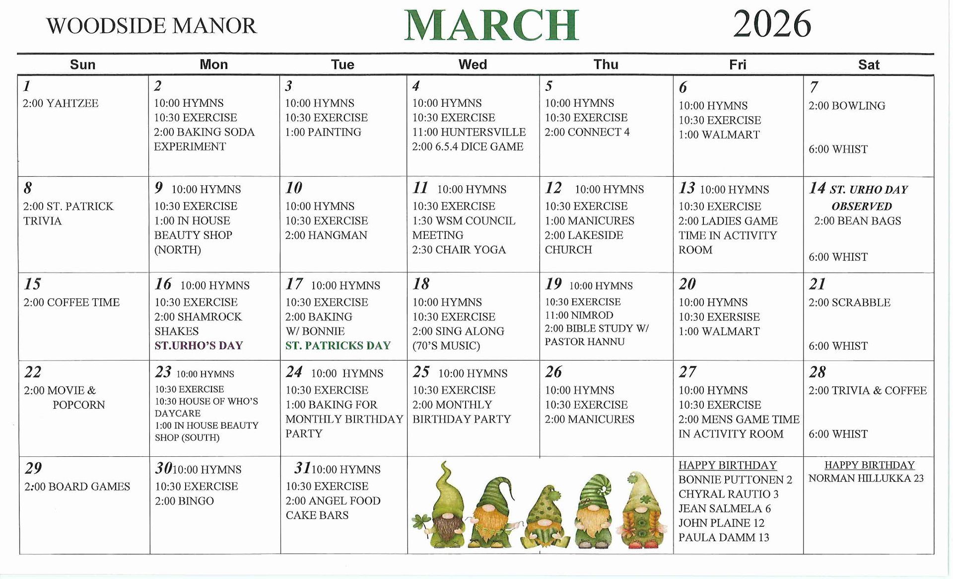 October events calendar image for woodside manor assisted living in menahga, minnesota