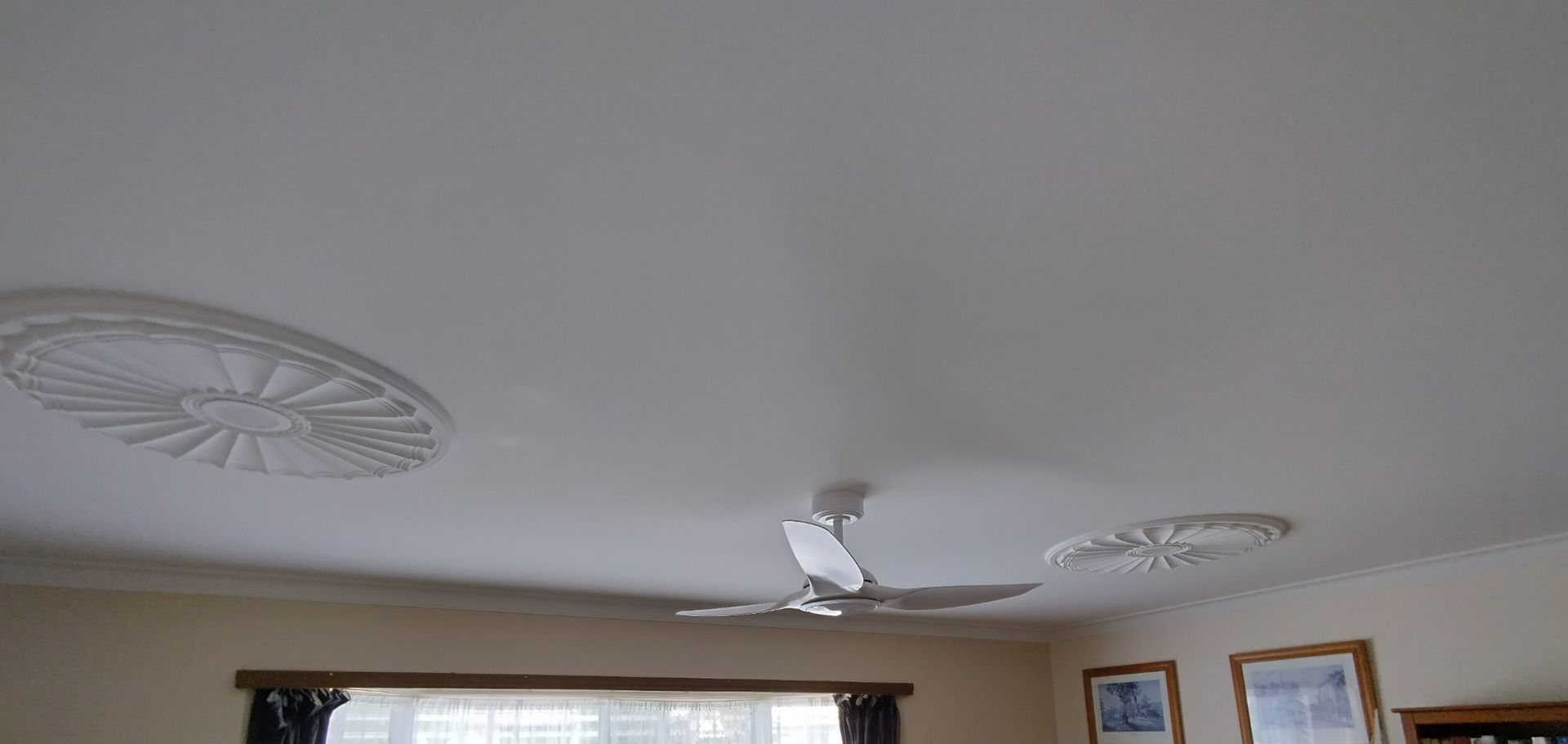 Living Room With Black Sofa, Large Window, Ceiling Fan, and Ceiling Lights — NTR Electrical In Maryborough, QLD