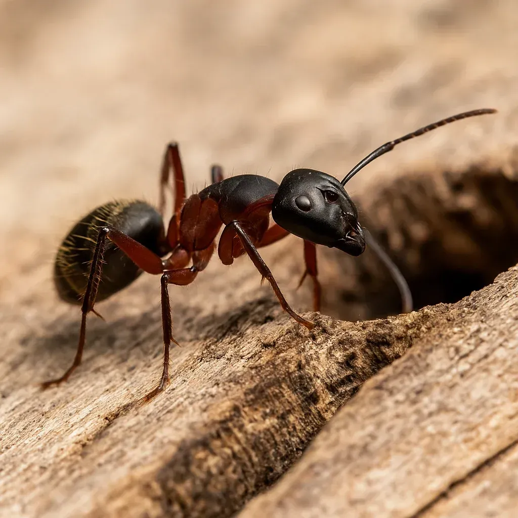 Black and red ant on brown wood, near a hole common around homes at Black Rock ID.