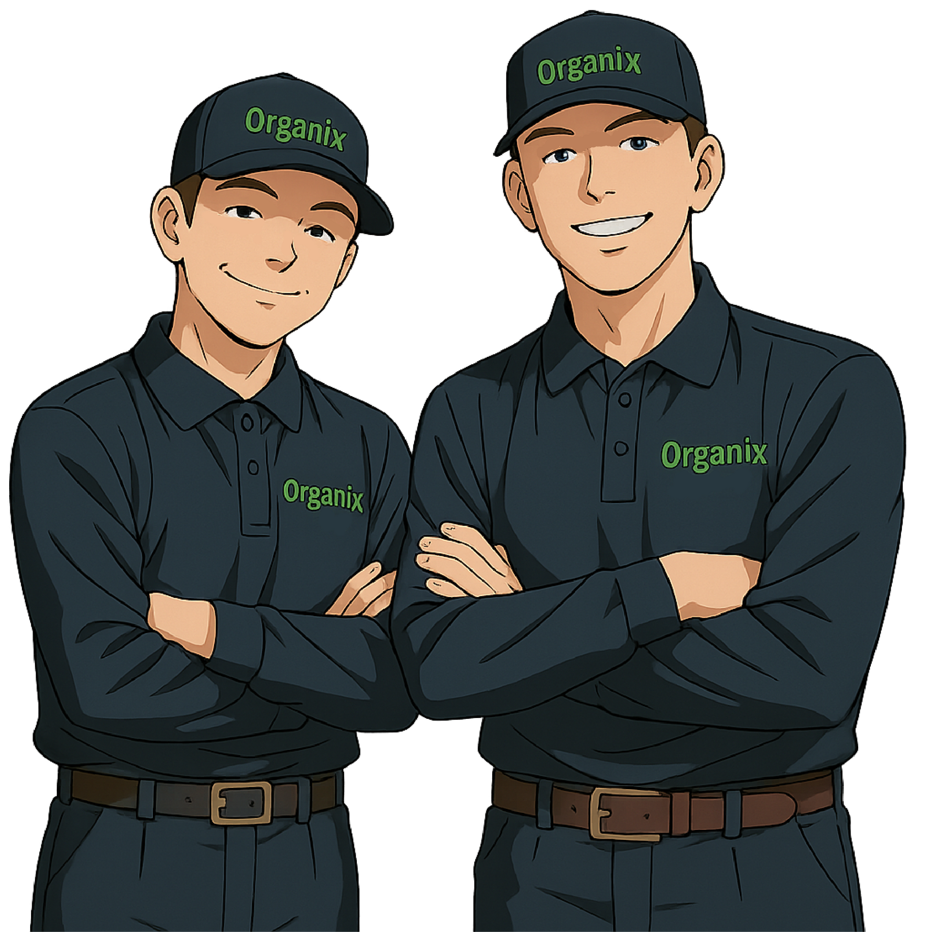 Two men in dark Organix uniforms, crossed arms, smiling, wearing caps, logo visible.