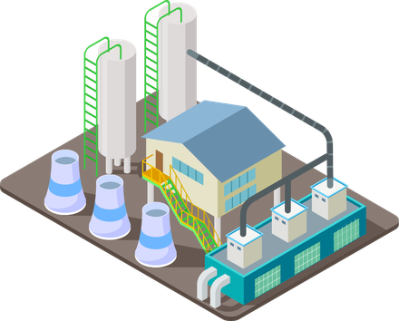 Isometric factory illustration representing industrial pest control services