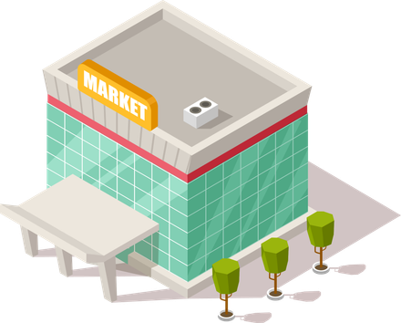 Isometric market building illustration representing pest control for retail in Coeur d'Alene