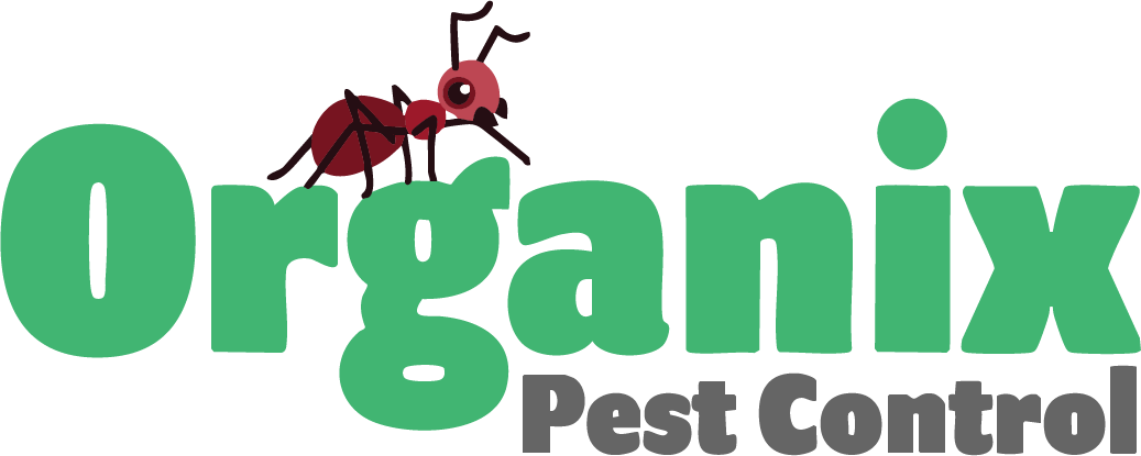 Logo for Organix Pest Control: green text with a red ant on top,