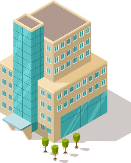 Isometric school building illustration representing pest control for schools in Post Falls