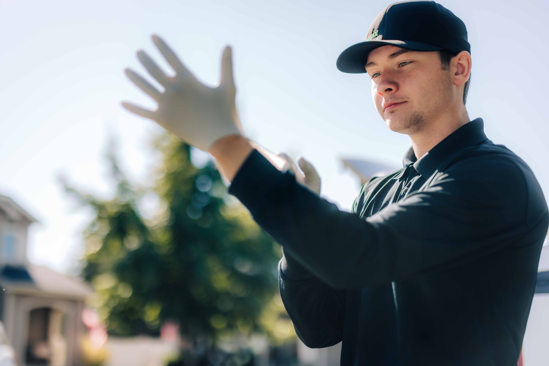 Pest Control technician in black shirt and cap putting on gloves outdoors near a house on Hayden Lake Idaho.
