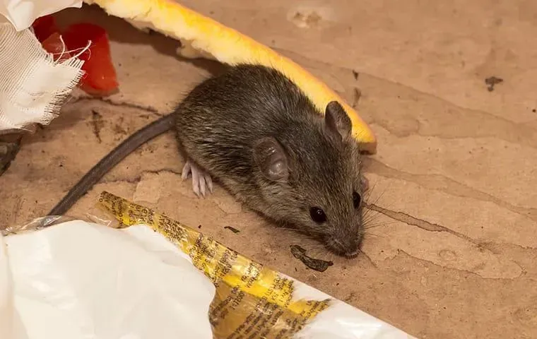 Mouse with gray fur near trash on a brown surface common in Spokane Washington.