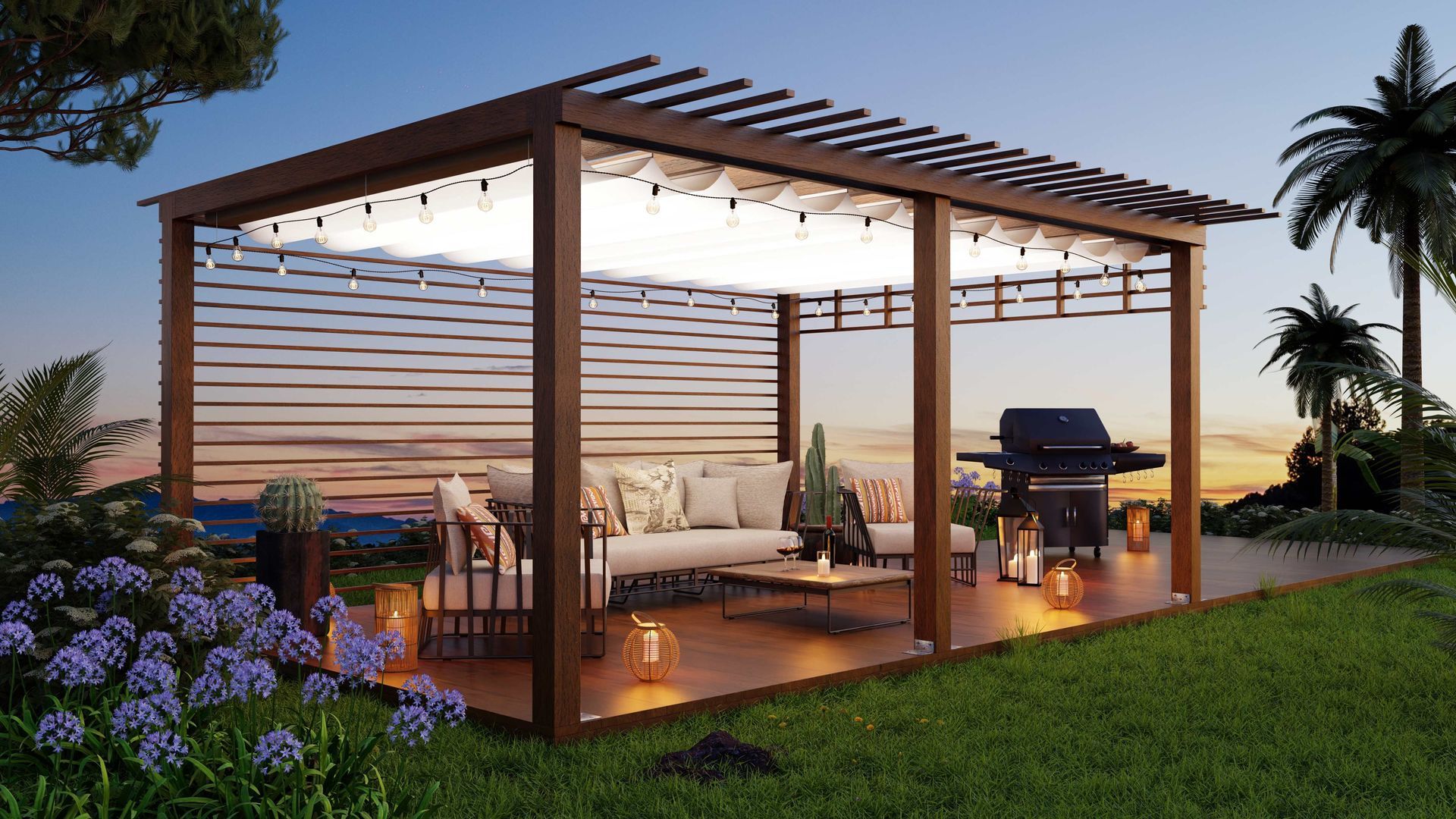 a wooden pergola with a couch and a grill in the backyard