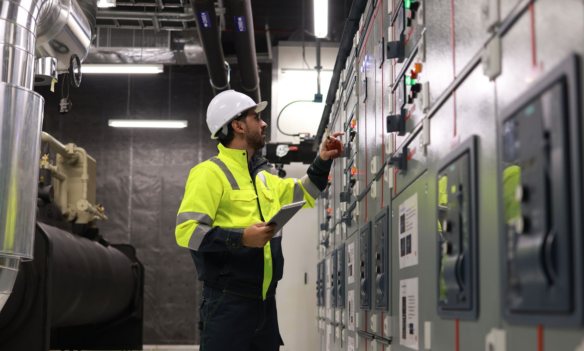 Technician in hard hat and hi-vis jacket inspecting electrical control panels in an industrial room