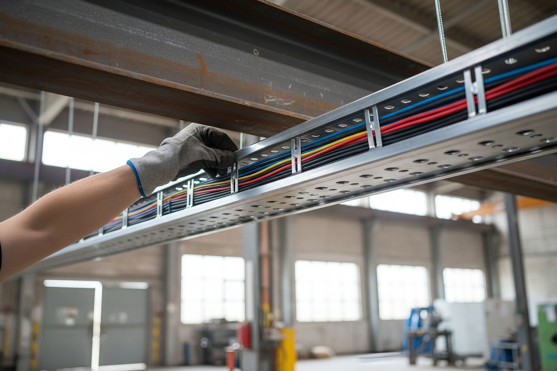 Gloved hand adjusting cables in an industrial ceiling tray inside a workshop