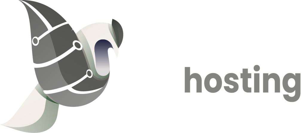 Logo of a stylized bird with gray, white, and blue hues, next to the word 