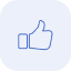 Thumb up icon, outlined in light blue, on a white and light blue background.
