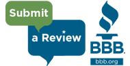 A logo for the better business bureau that says submit a review