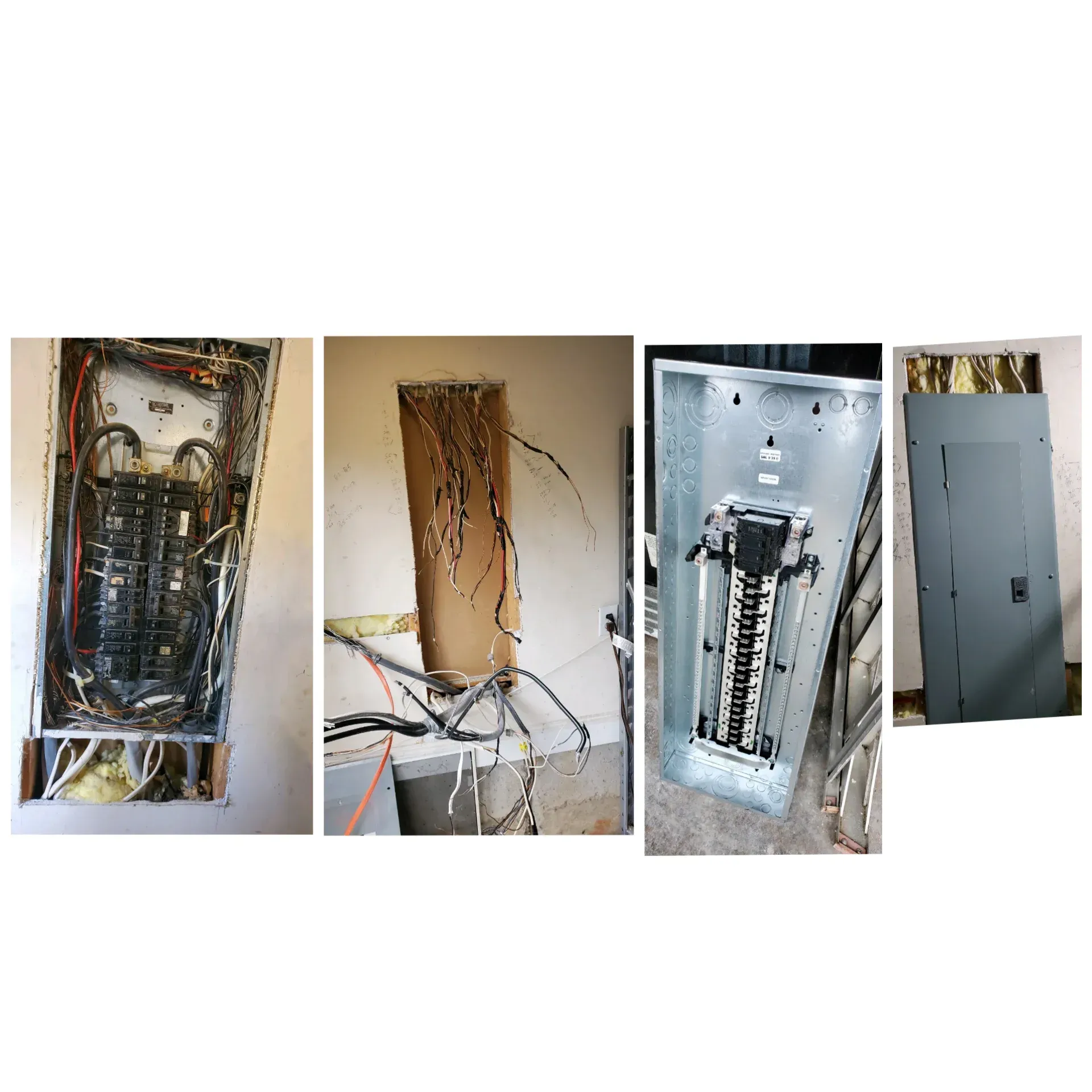 A collage of four pictures of a electrical box in a wall.