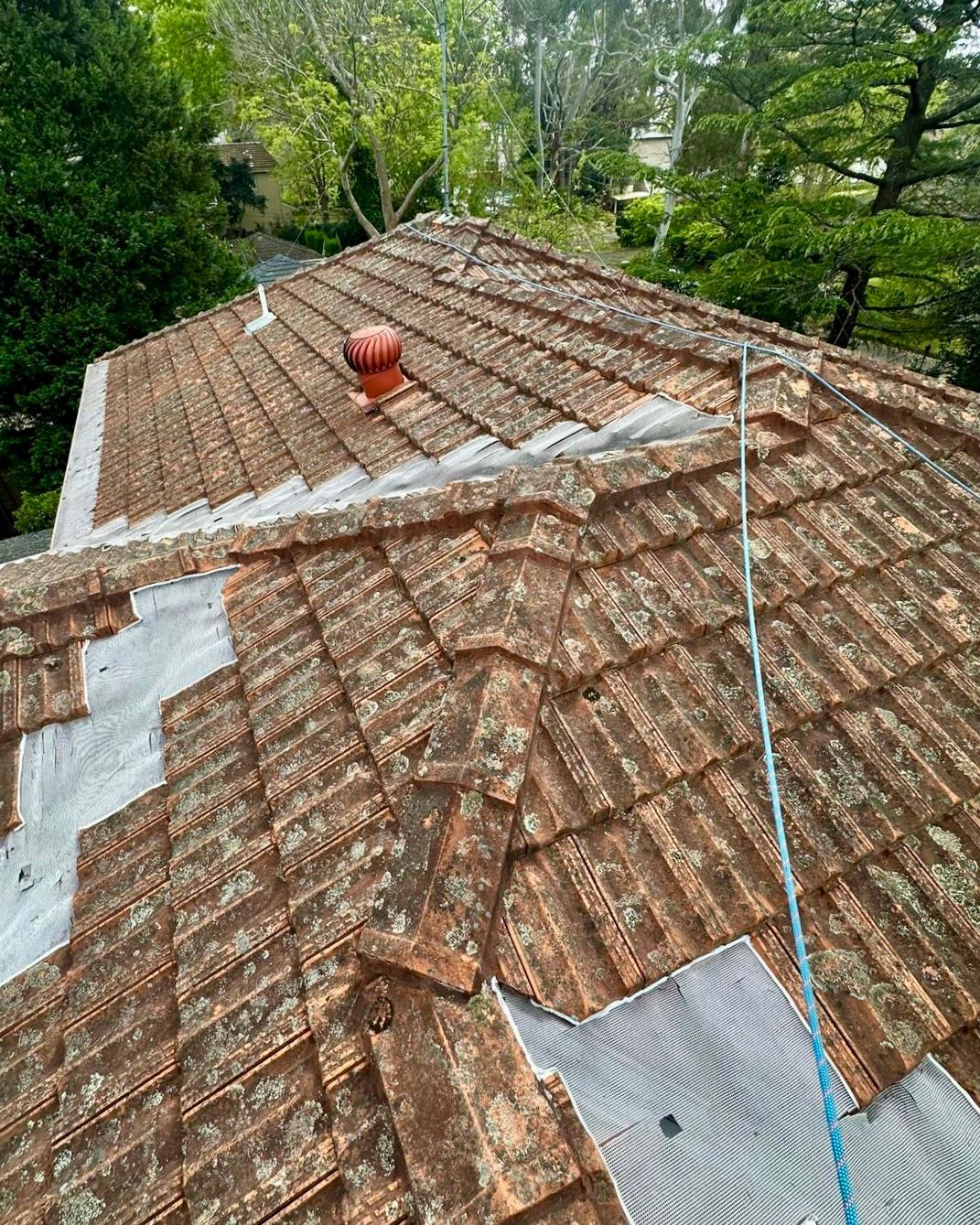 A Person Is Standing On Top Of A Tiled Roof — Freshwater Exterior Cleaning in Bayron Bay, NSW