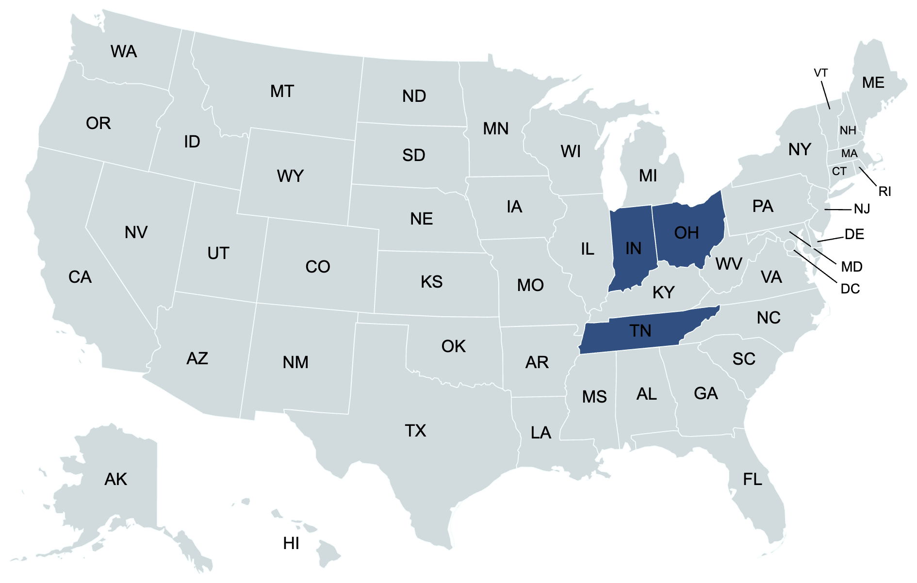 Map of the United States with Indiana, Ohio, and Michigan highlighted in blue.