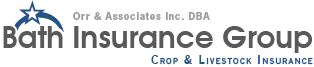 Logo for Bath Insurance Group, Orr & Associates, Inc. DBA. Text includes “Crop & Livestock Insurance.” Features star icon.