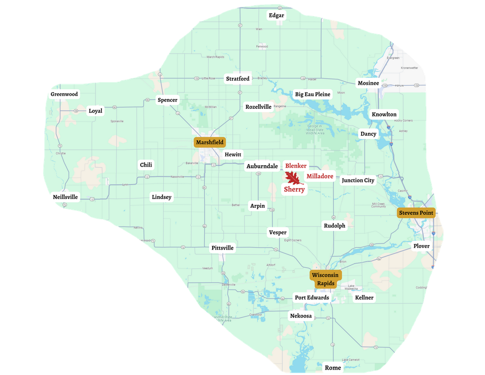 A map of a large area with a circle in the middle.