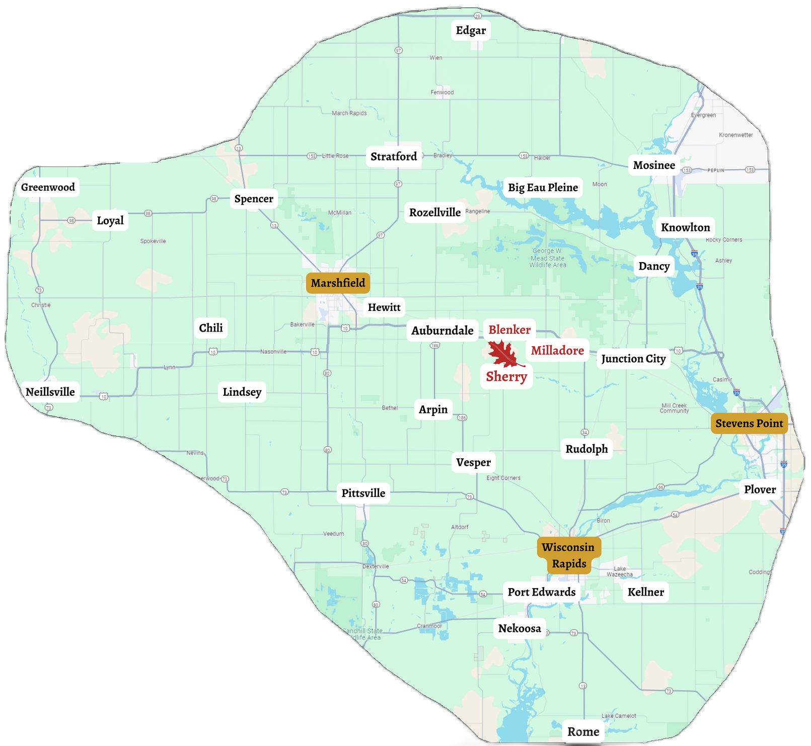 A map of a large area with a circle in the middle.