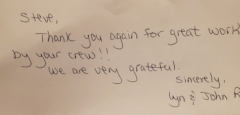 A handwritten note that says thank you again for great work by your crew