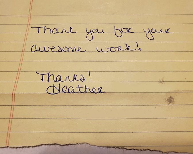 A piece of paper that says thank you for your awesome work