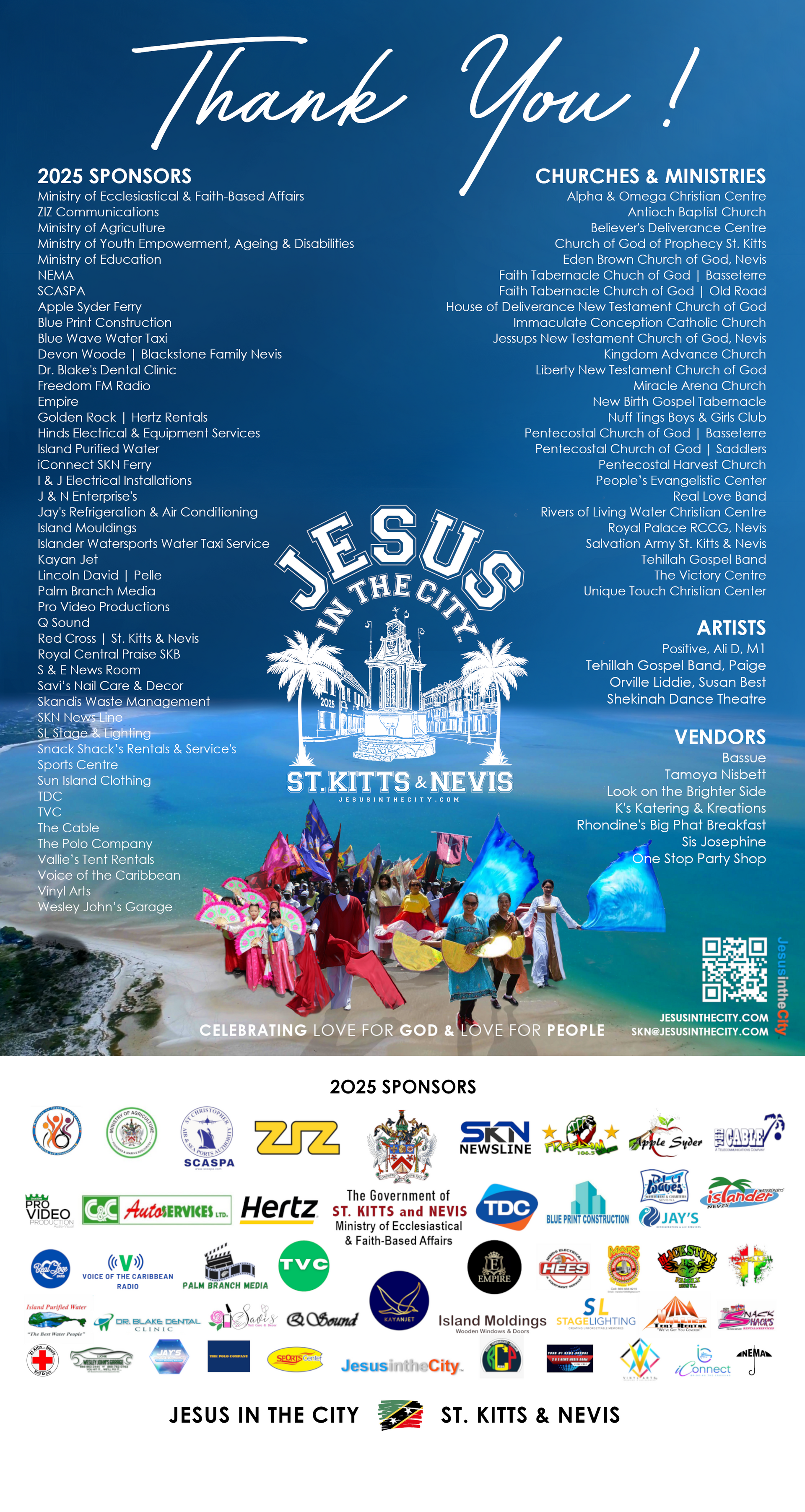 A thank you card with a picture of a beach and a list of sponsors.