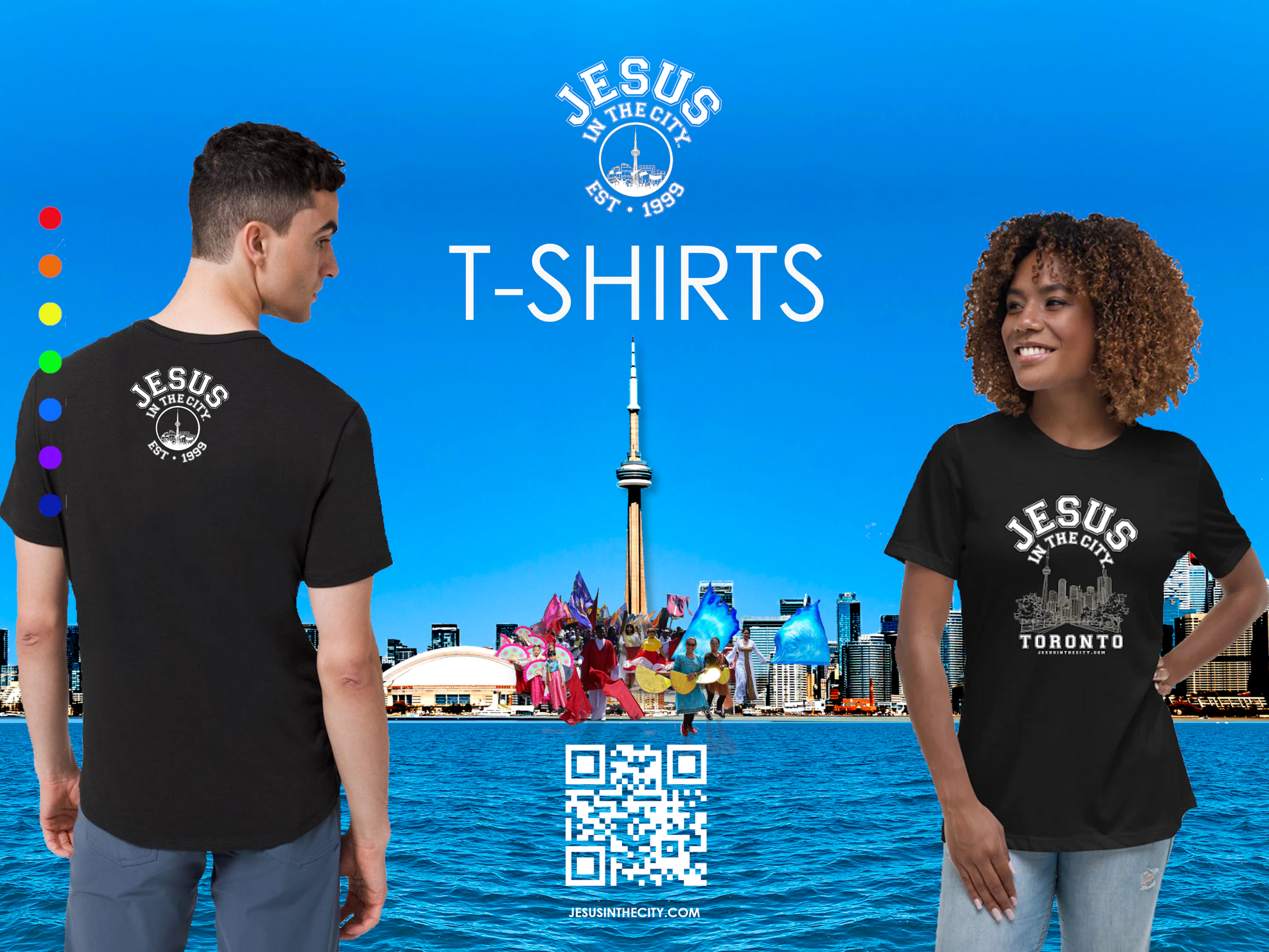 A man and a woman wearing black jesus t-shirts