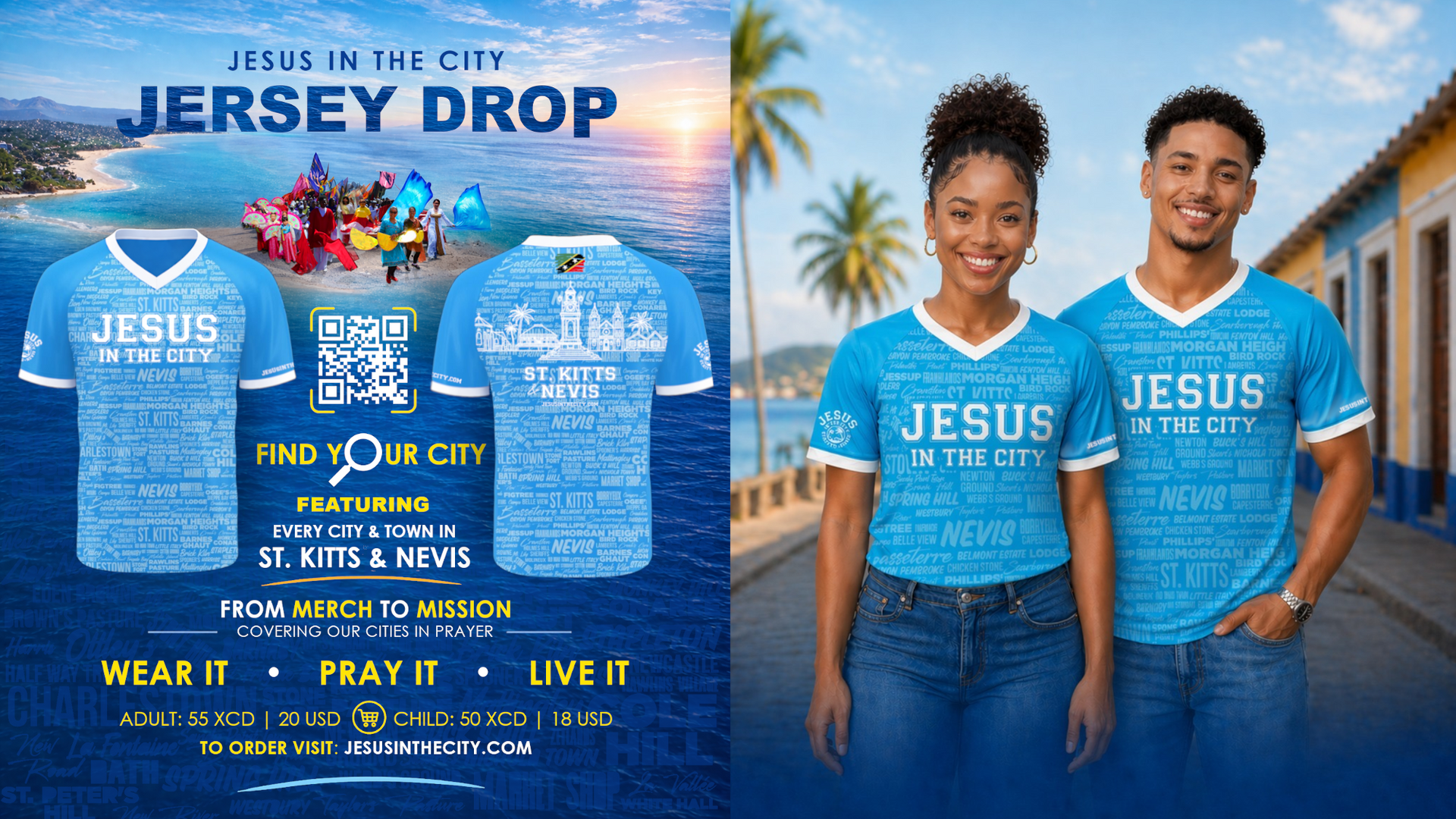 A man and a woman are standing next to each other wearing jesus in the city t-shirts.