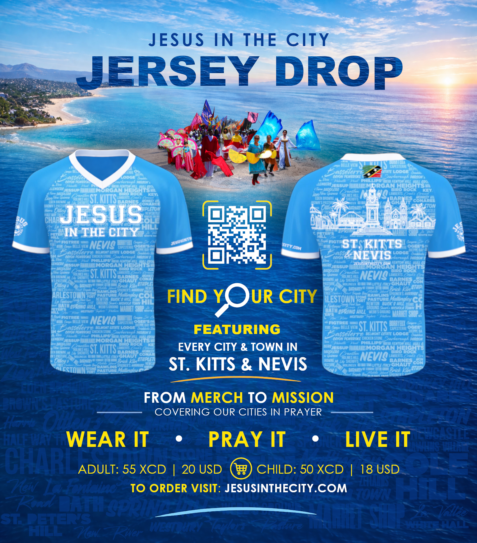 A man and a woman are standing next to each other wearing jesus in the city t-shirts.