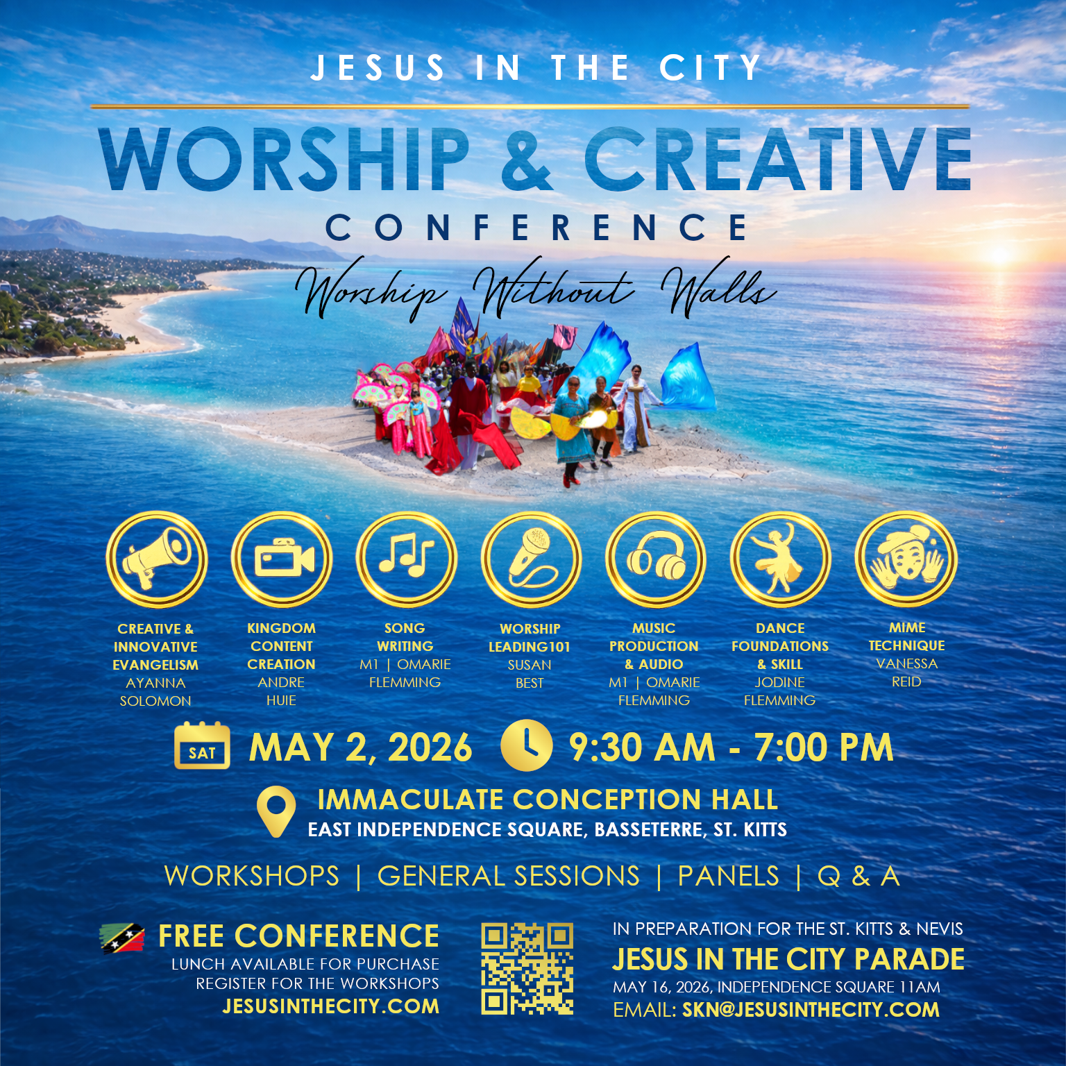 A man and a woman are standing next to each other wearing jesus in the city t-shirts.