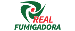 Logotipo de Real Fumigadora que presenta un icono estilizado en espiral verde con un peque&ntilde;o roedor rojo y texto en negrita en rojo y verde.