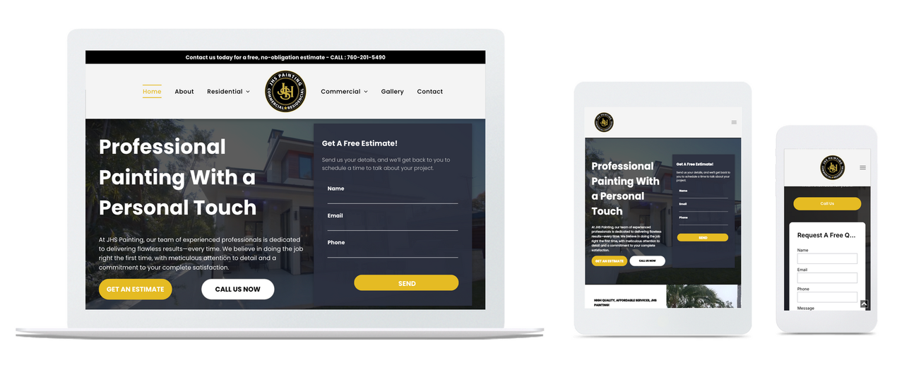 A laptop , tablet , and cell phone displaying a website.