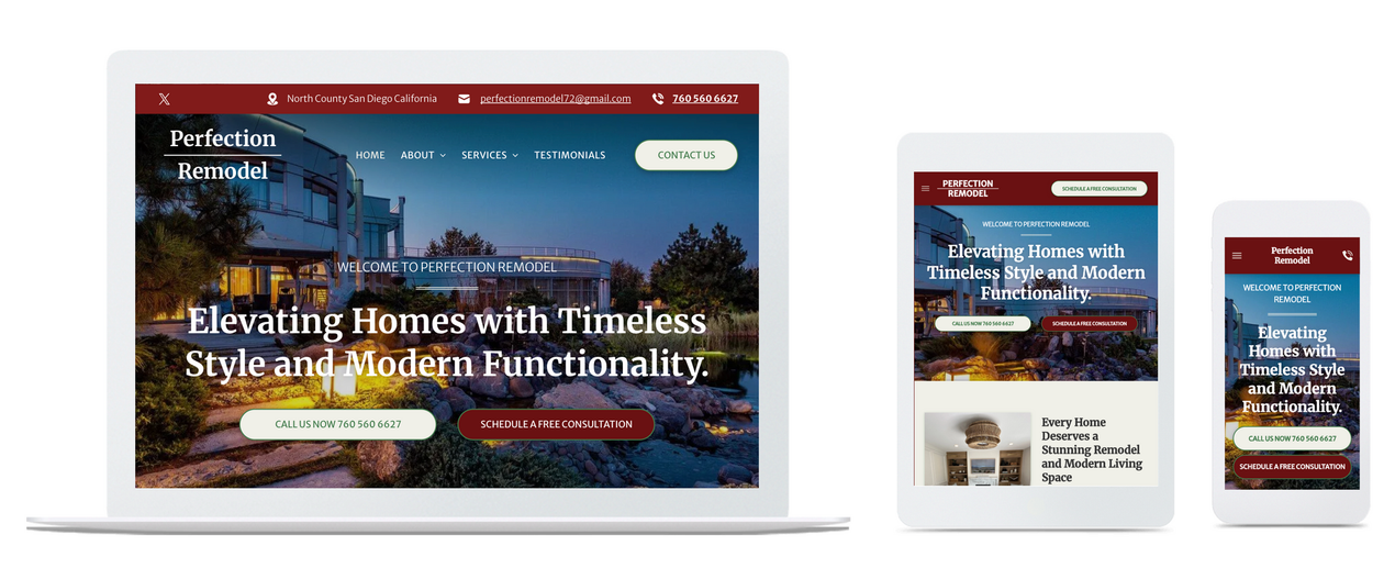 A laptop , tablet , and cell phone displaying a website.