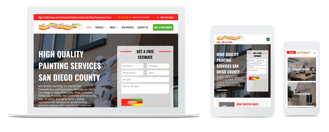 A laptop , tablet , and cell phone showing a website for high quality painting services in san diego county.