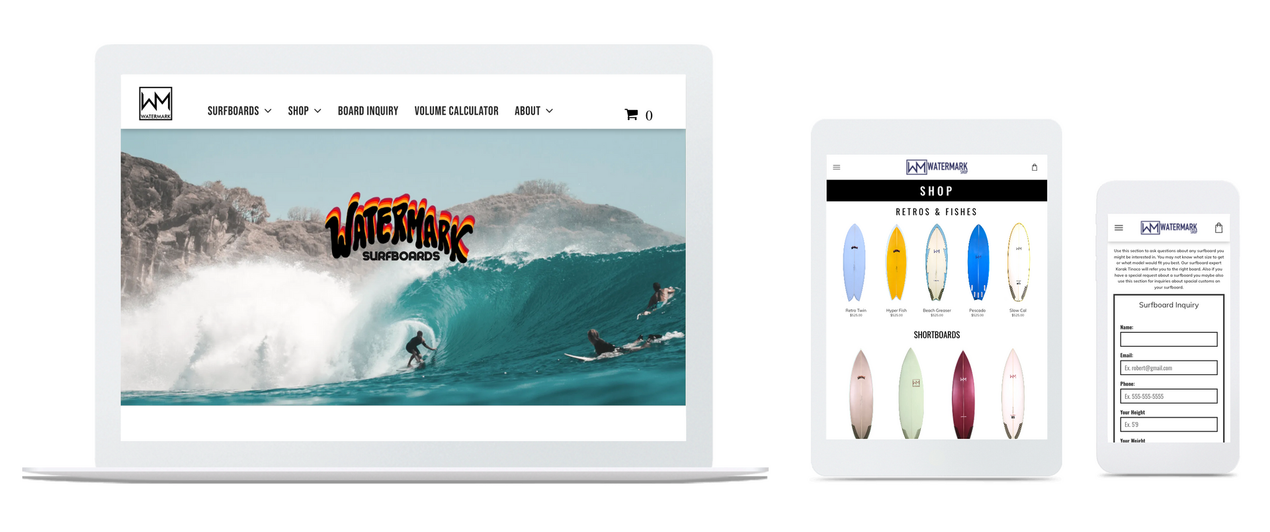 A laptop , tablet , and cell phone are displaying a surfing website.