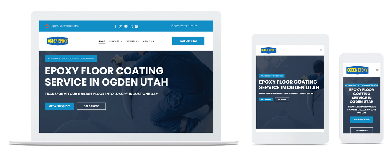 A laptop , tablet , and cell phone showing a website for epoxy floor coating service in oden utah.
