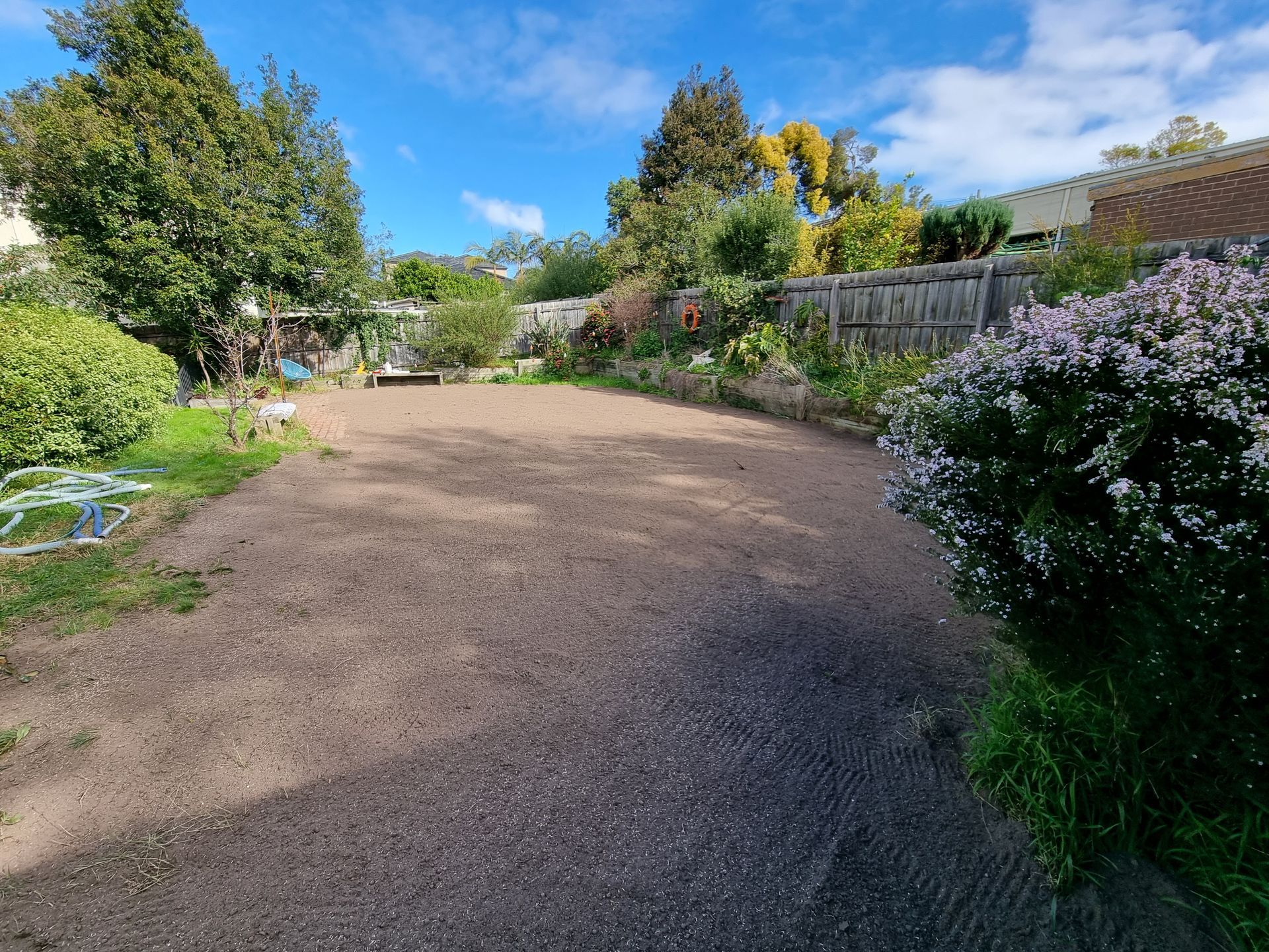 A raked dirt yard under a blue sky, flanked by trees and a bush with purple flowers, beside a wooden fence  — All Over Pool Removals in Chadstone, VIC